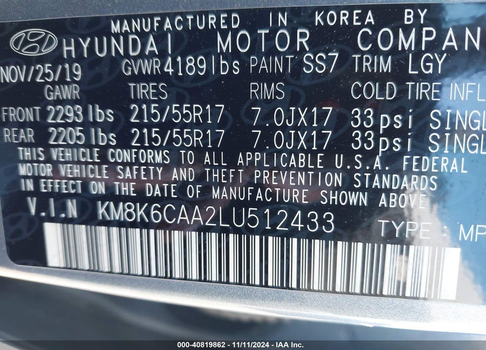 2020 HYUNDAI KONA SEL PLUS VIN: KM8K6CAA2LU512433