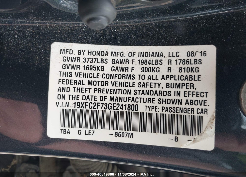 2016 HONDA CIVIC EX VIN: 19XFC2F73GE241800