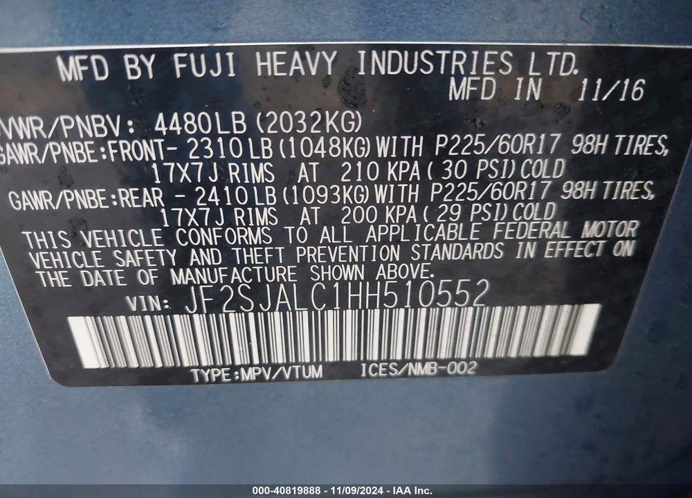 2017 SUBARU FORESTER 2.5I LIMITED VIN: JF2SJALC1HH510552