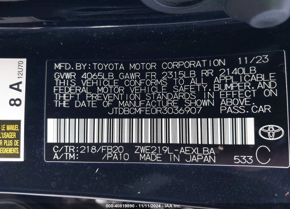 2024 TOYOTA COROLLA HYBRID LE VIN: JTDBCMFE0R3036907
