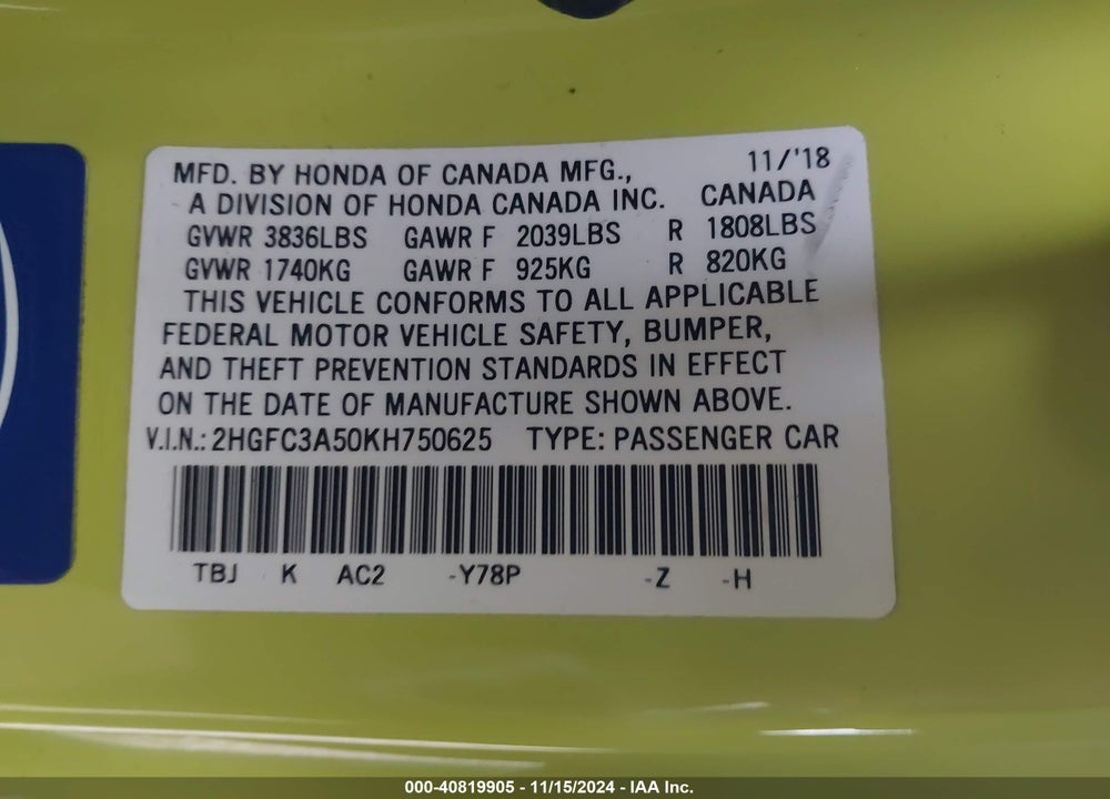 2019 HONDA CIVIC SI VIN: 2HGFC3A50KH750625