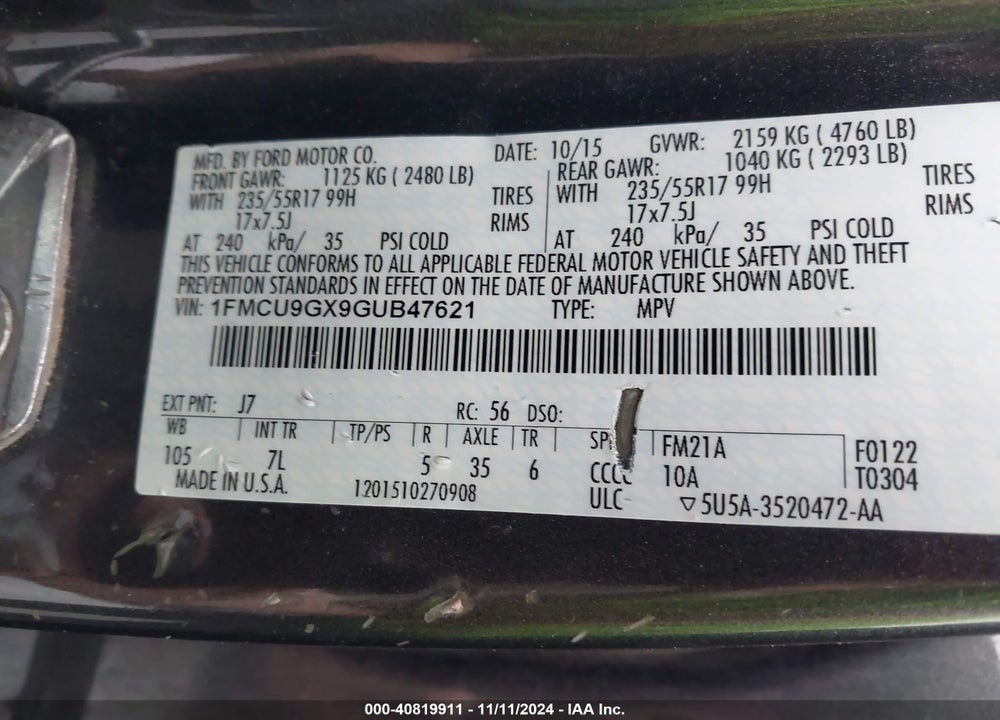 2016 FORD ESCAPE SE VIN: 1FMCU9GX9GUB47621