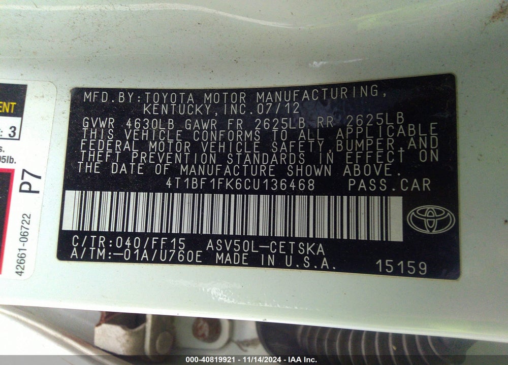 2012 TOYOTA CAMRY SE VIN: 4T1BF1FK6CU136468