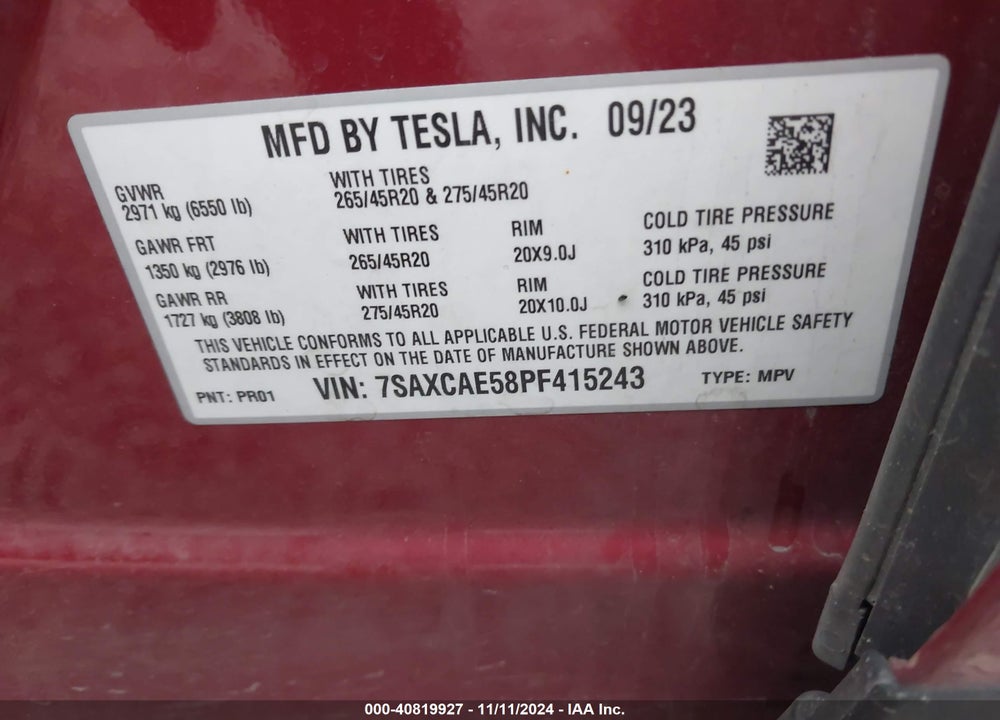 2023 TESLA MODEL X DUAL MOTOR ALL-WHEEL DRIVE/STANDARD RANGE VIN: 7SAXCAE58PF415243