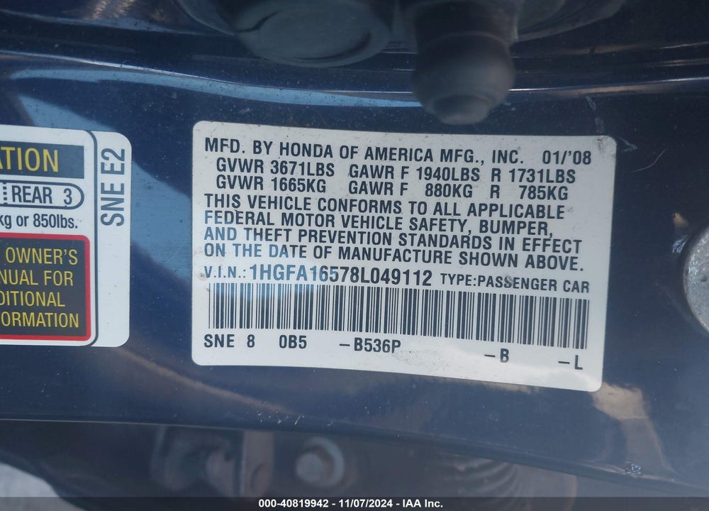 2008 HONDA CIVIC LX VIN: 1HGFA16578L049112