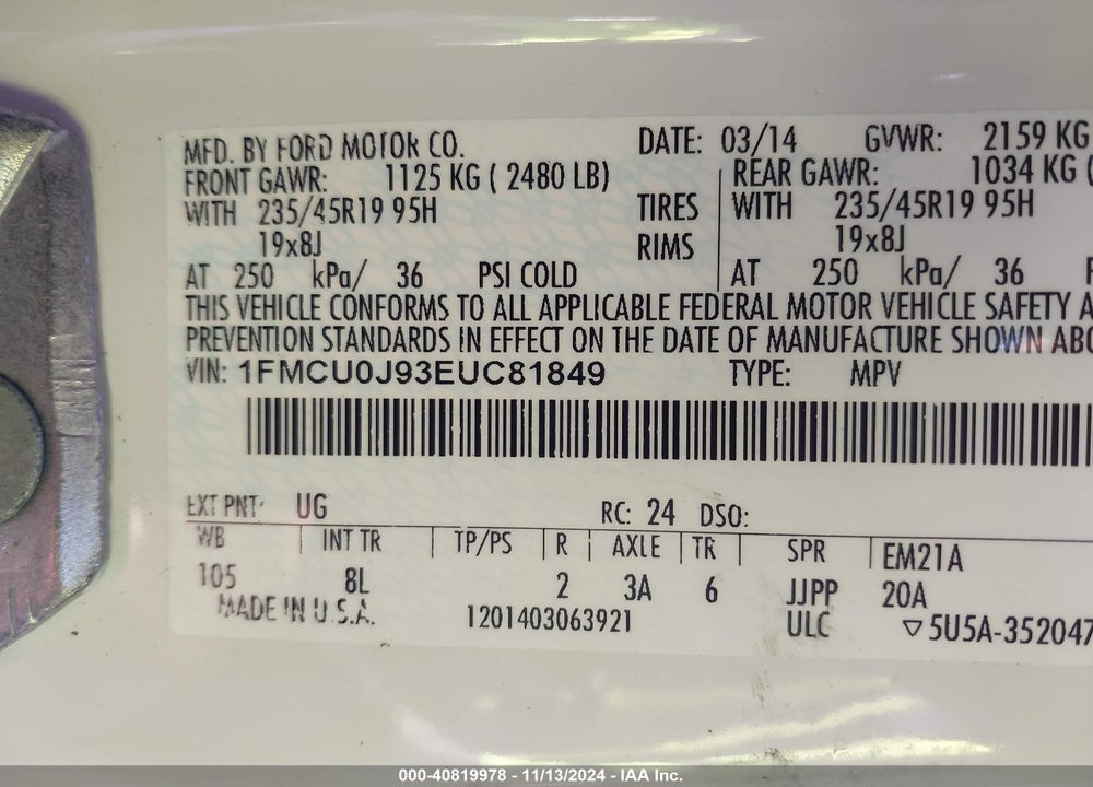 2014 FORD ESCAPE TITANIUM VIN: 1FMCU0J93EUC81849