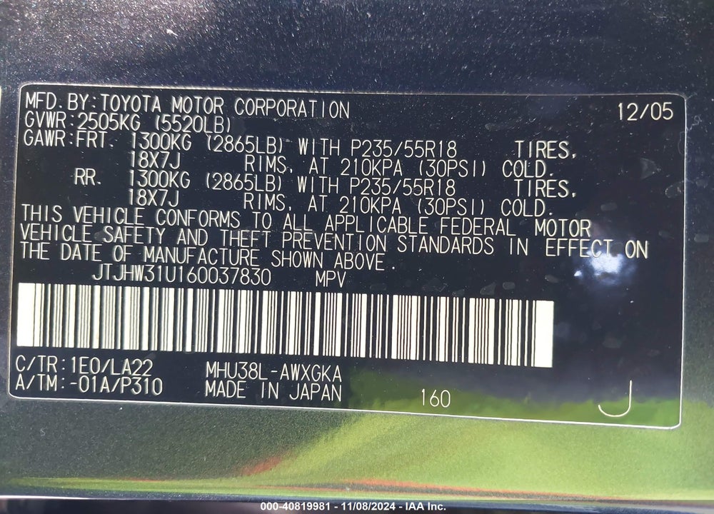 2006 LEXUS RX 400H VIN: JTJHW31U160037830