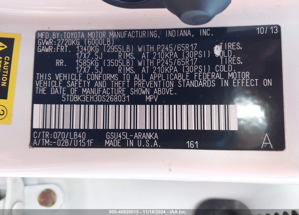 2013 TOYOTA HIGHLANDER SE V6 VIN: 5TDBK3EH3DS268031
