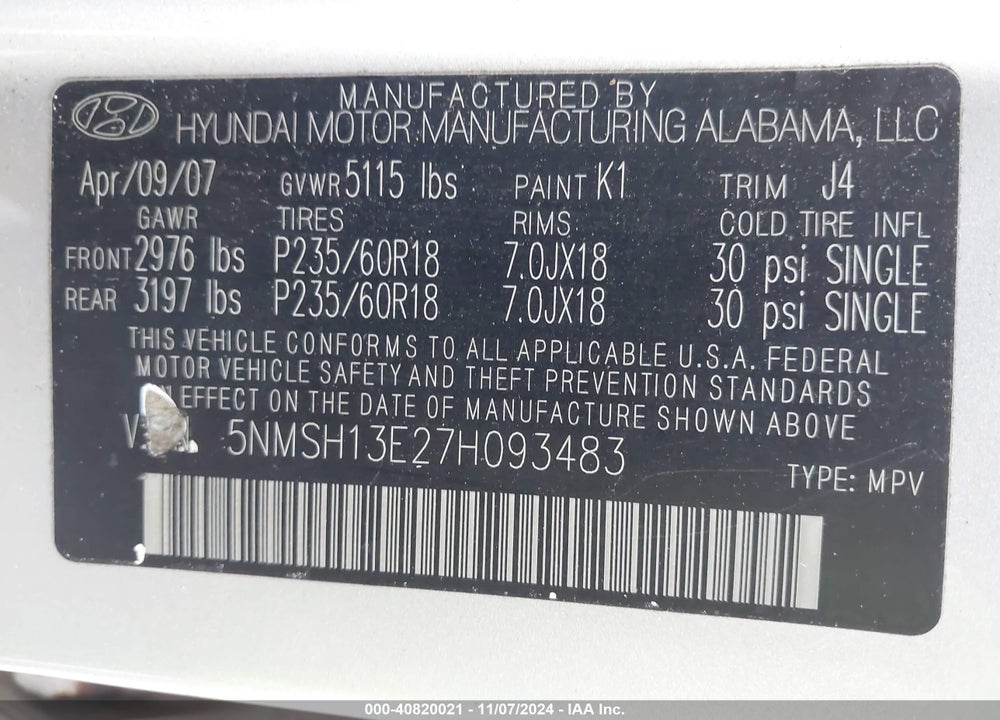 2007 HYUNDAI SANTA FE LIMITED/SE VIN: 5NMSH13E27H093483