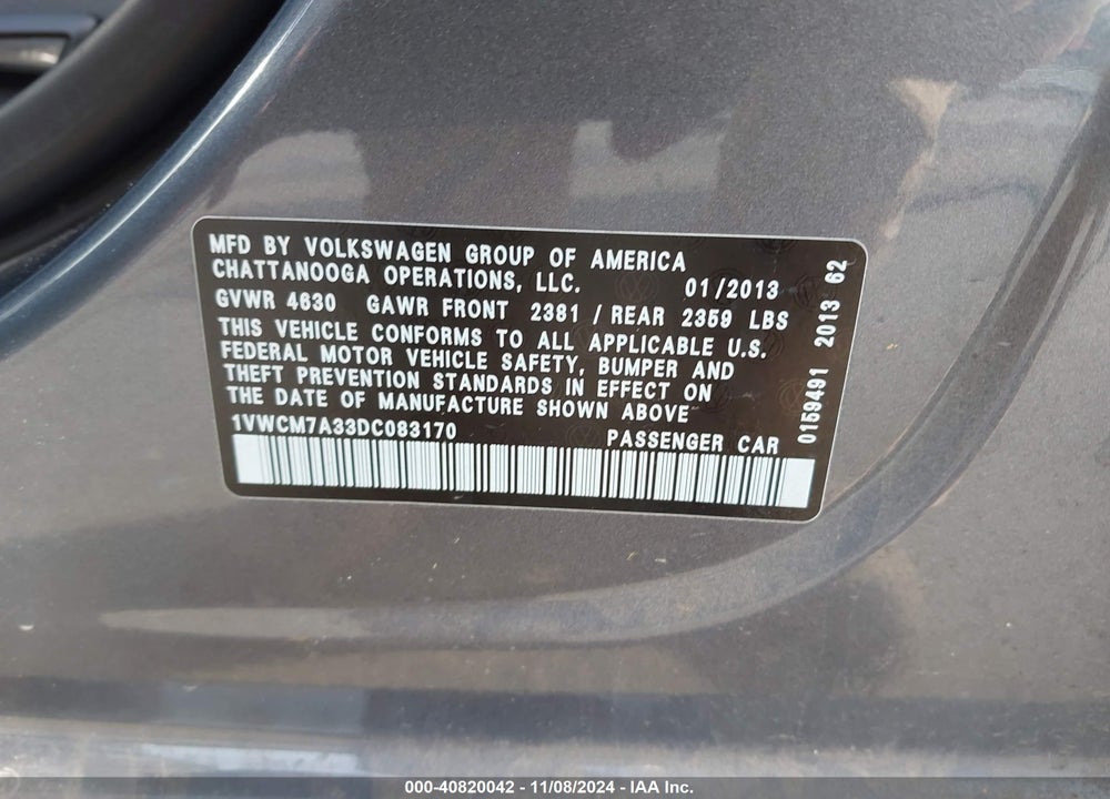 2013 VOLKSWAGEN PASSAT 3.6L V6 SEL PREMIUM VIN: 1VWCM7A33DC083170