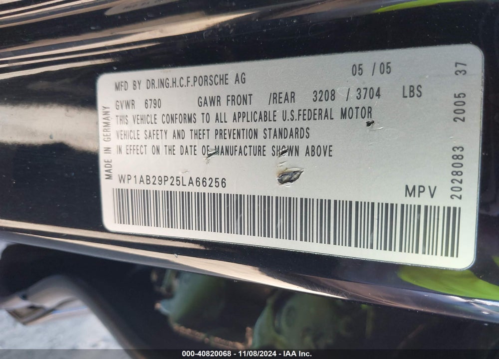 2005 PORSCHE CAYENNE S VIN: WP1AB29P25LA66256