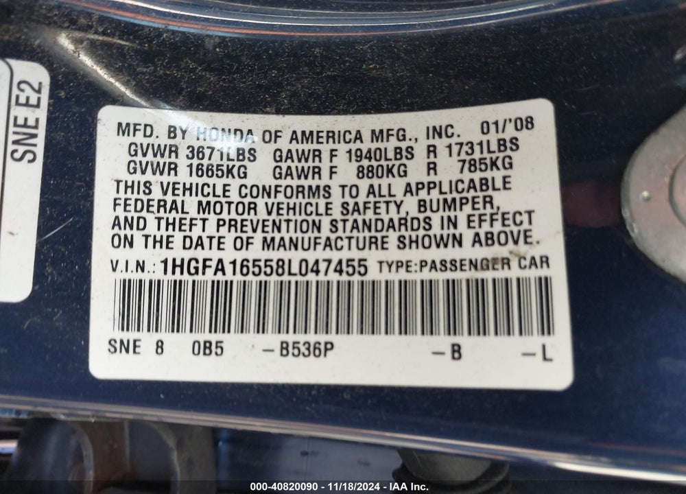 2008 HONDA CIVIC LX VIN: 1HGFA16558L047455