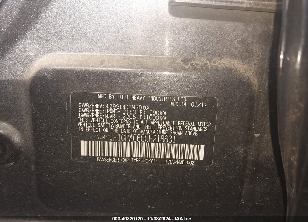 2012 SUBARU IMPREZA 2.0I PREMIUM VIN: JF1GPAC60CH218631