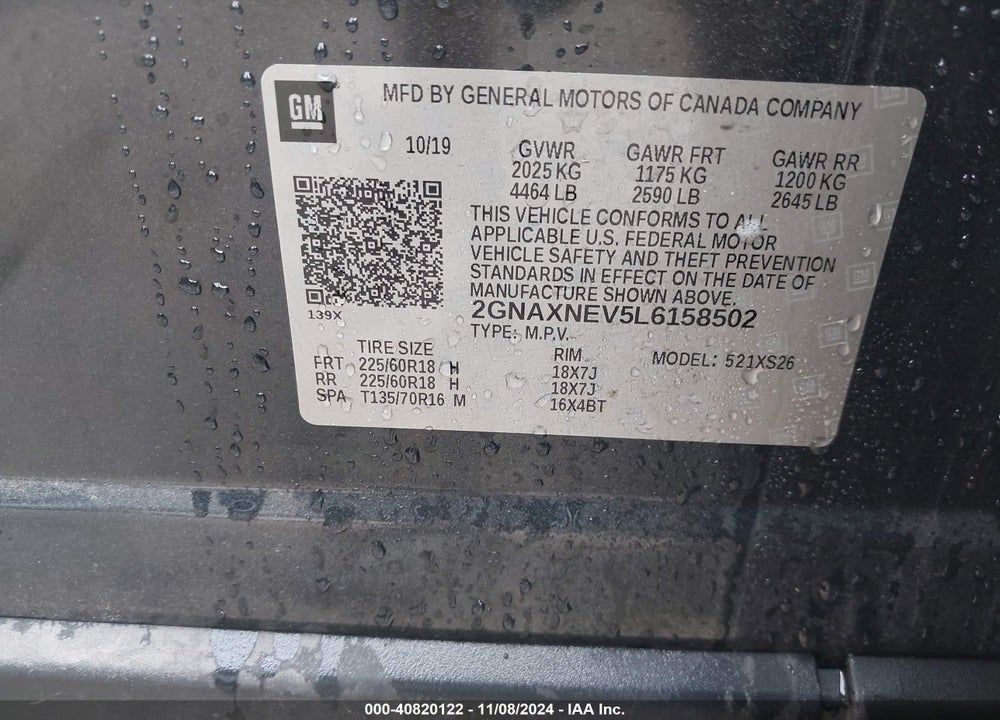 2020 CHEVROLET EQUINOX FWD PREMIER 1.5L TURBO VIN: 2GNAXNEV5L6158502