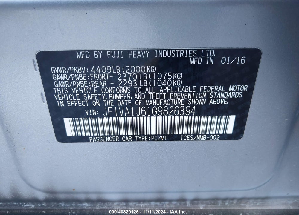 2016 SUBARU WRX LIMITED VIN: JF1VA1J61G9826394