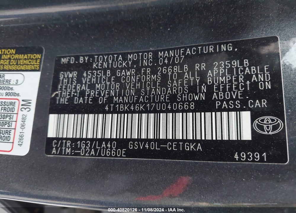 2007 TOYOTA CAMRY XLE V6 VIN: 4T1BK46K17U040668