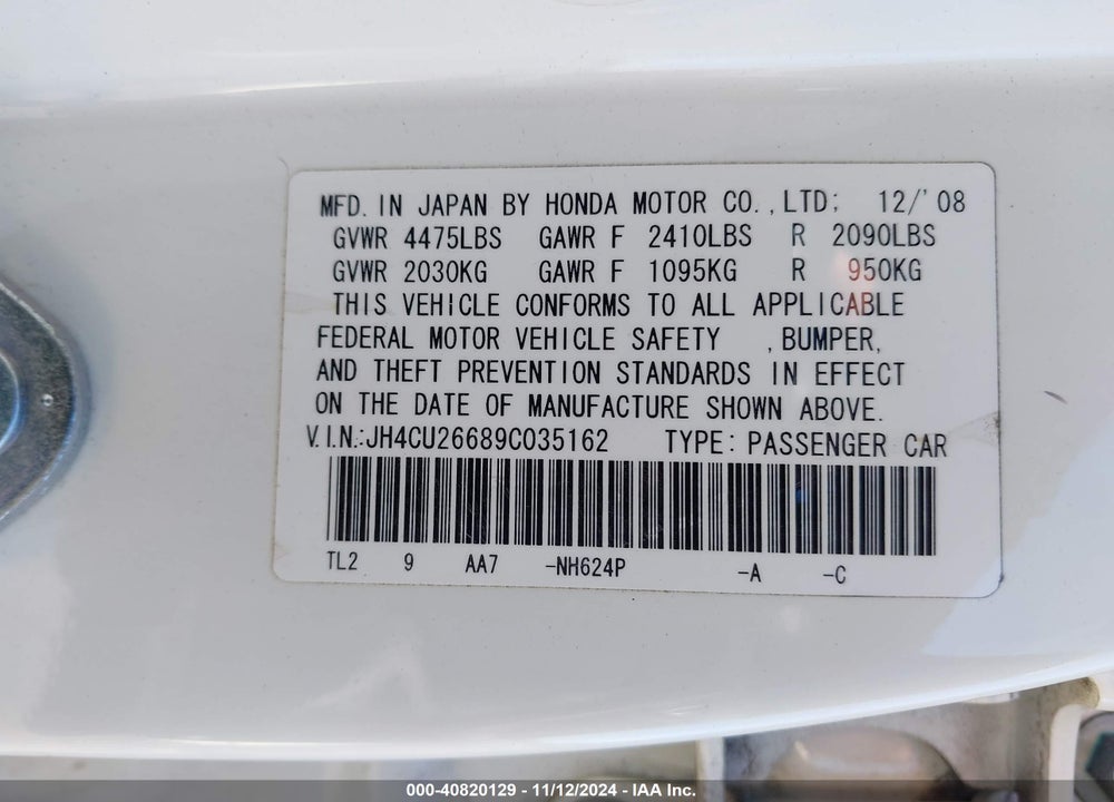 2009 ACURA TSX VIN: JH4CU26689C035162