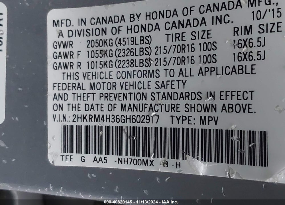 2016 HONDA CR-V LX VIN: 2HKRM4H36GH602917