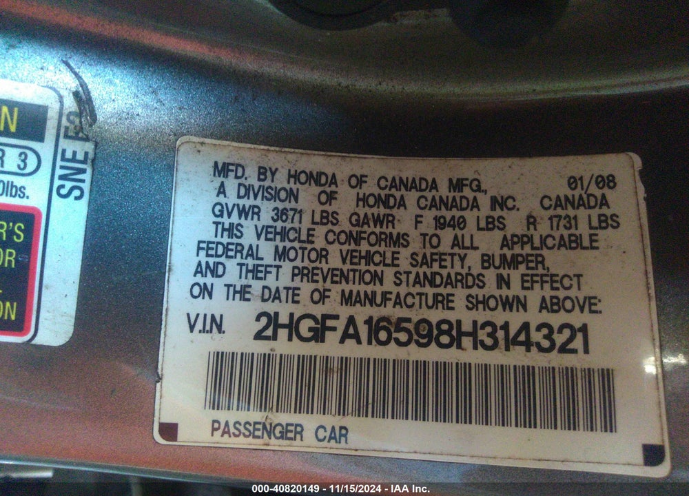 2008 HONDA CIVIC LX VIN: 2HGFA16598H314321