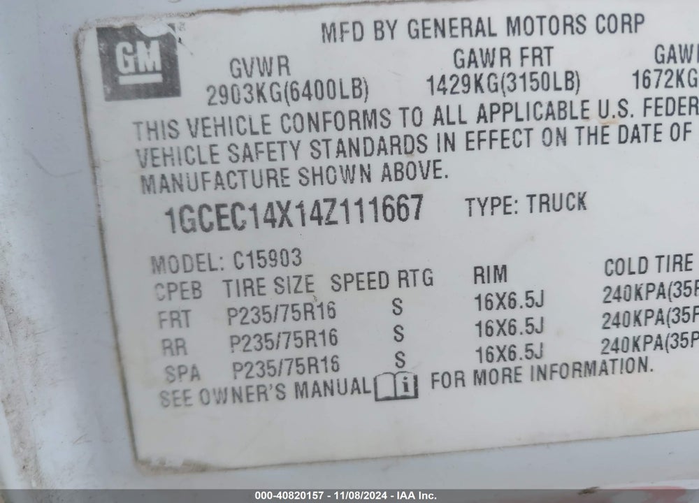 2004 CHEVROLET SILVERADO 1500 WORK TRUCK VIN: 1GCEC14X14Z111667