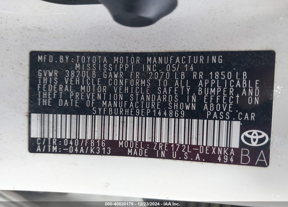 2014 TOYOTA COROLLA LE VIN: 5YFBURHE9EP144869