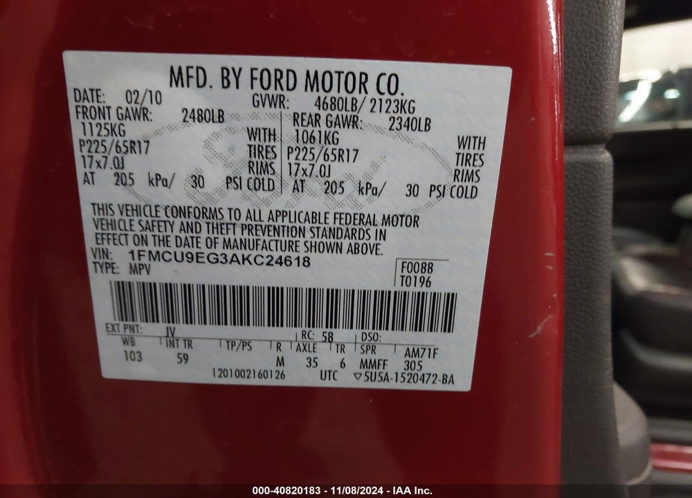 2010 FORD ESCAPE LIMITED VIN: 1FMCU9EG3AKC24618