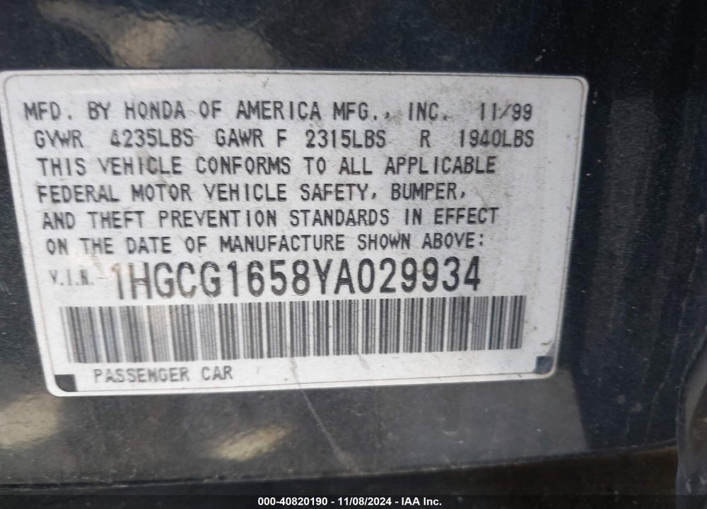 2000 HONDA ACCORD 3.0 EX VIN: 1HGCG1658YA029934