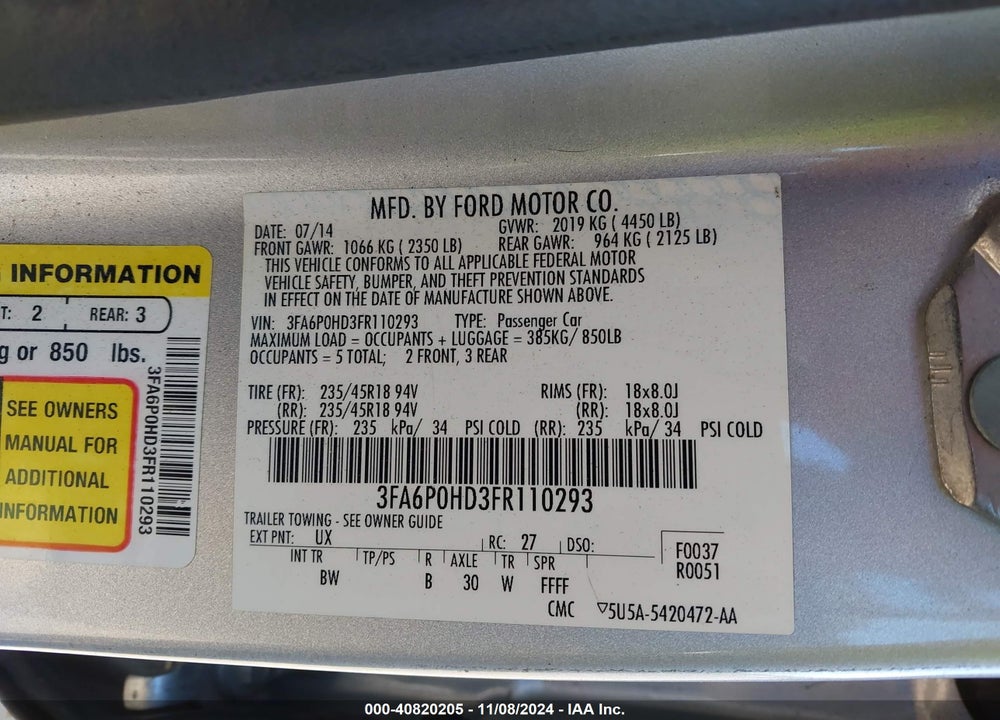 2015 FORD FUSION SE VIN: 3FA6P0HD3FR110293