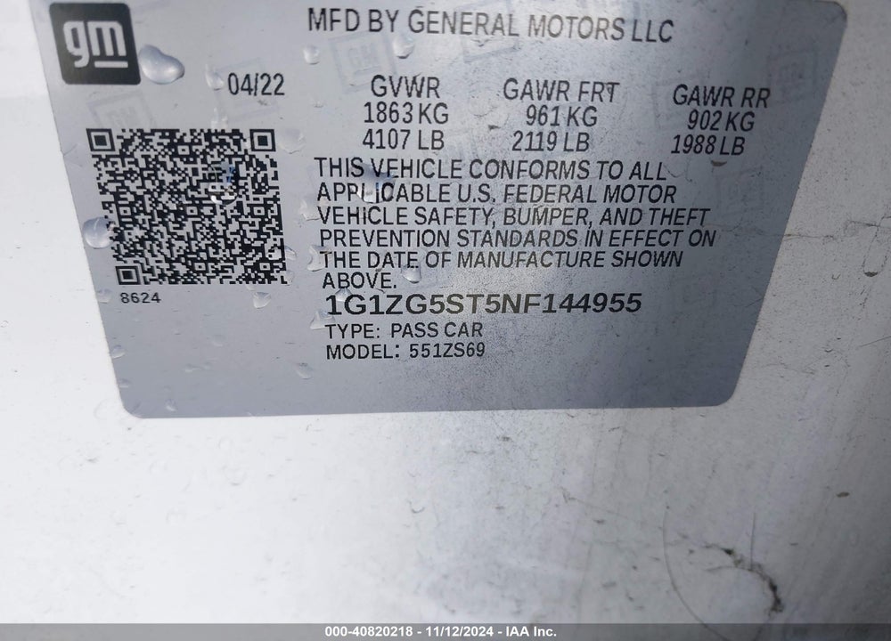 2022 CHEVROLET MALIBU FWD RS VIN: 1G1ZG5ST5NF144955