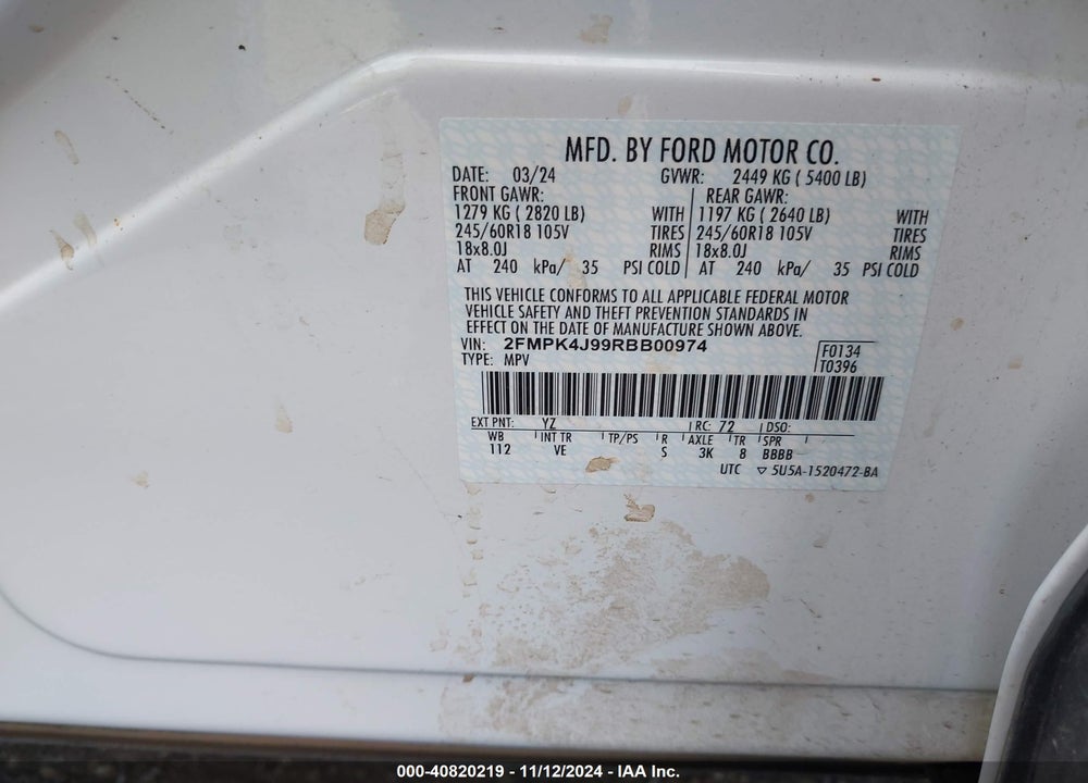 2024 FORD EDGE SEL VIN: 2FMPK4J99RBB00974