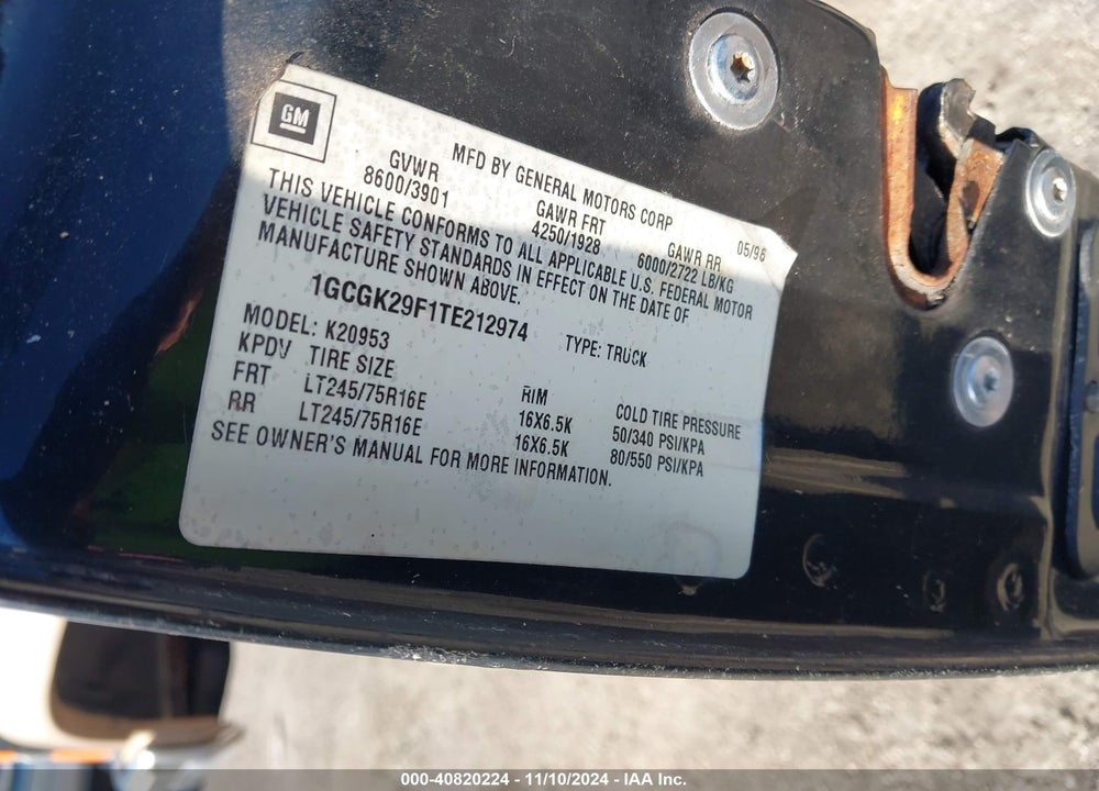 1996 CHEVROLET GMT-400 K2500 VIN: 1GCGK29F1TE212974