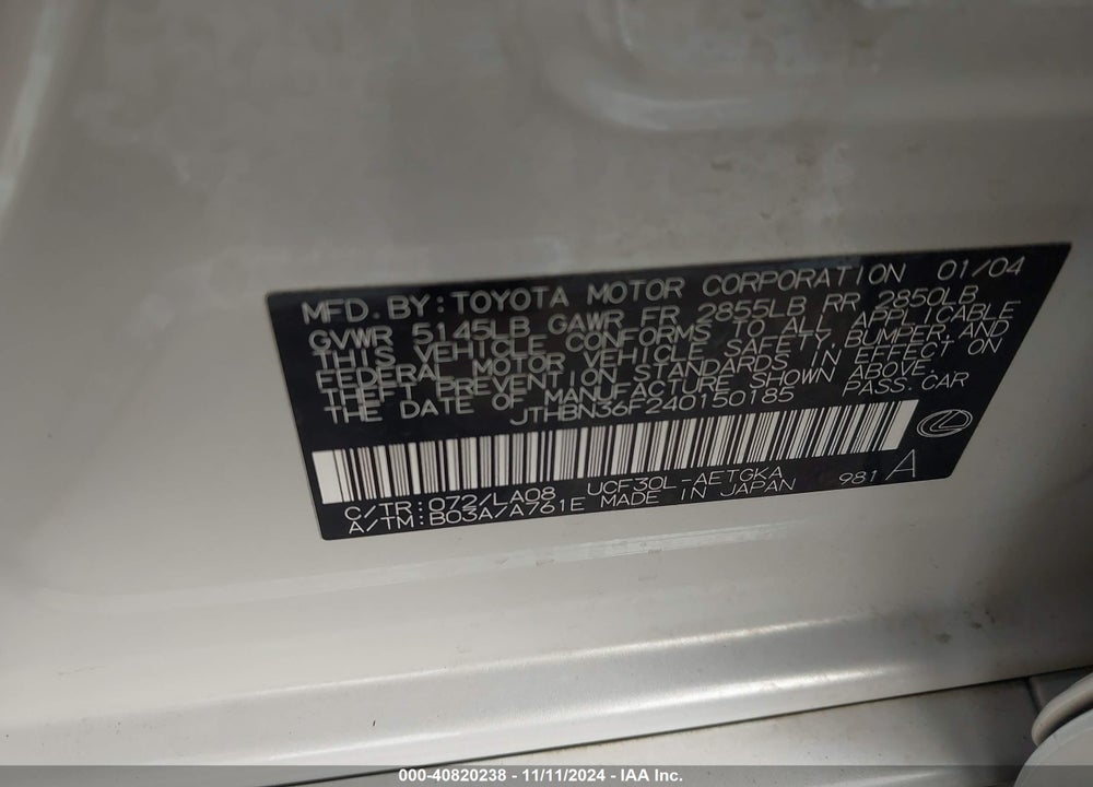 2004 LEXUS LS 430 BASE (A6) VIN: JTHBN36F240150185