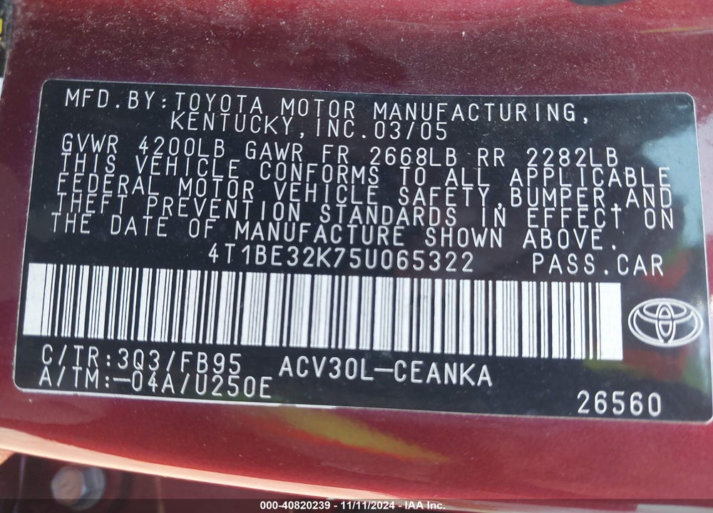 2005 TOYOTA CAMRY LE VIN: 4T1BE32K75U065322