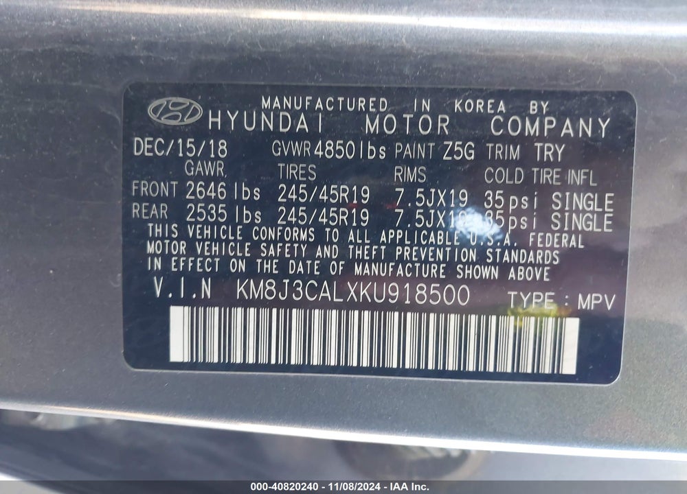 2019 HYUNDAI TUCSON VIN: KM8J3CALXKU918500
