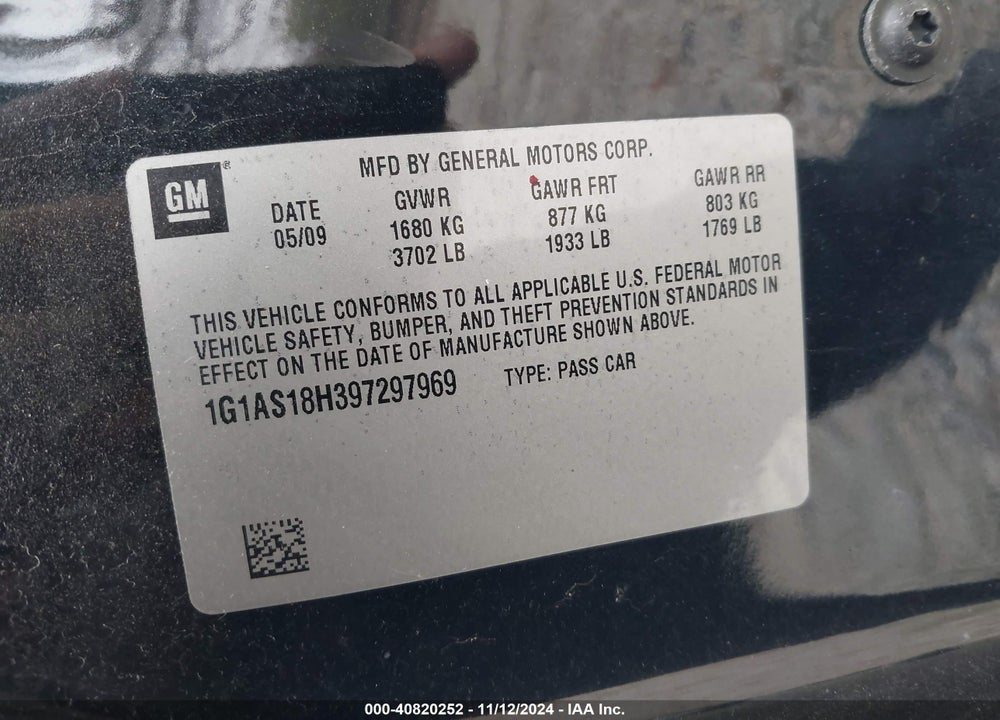 2009 CHEVROLET COBALT LS VIN: 1G1AS18H397297969