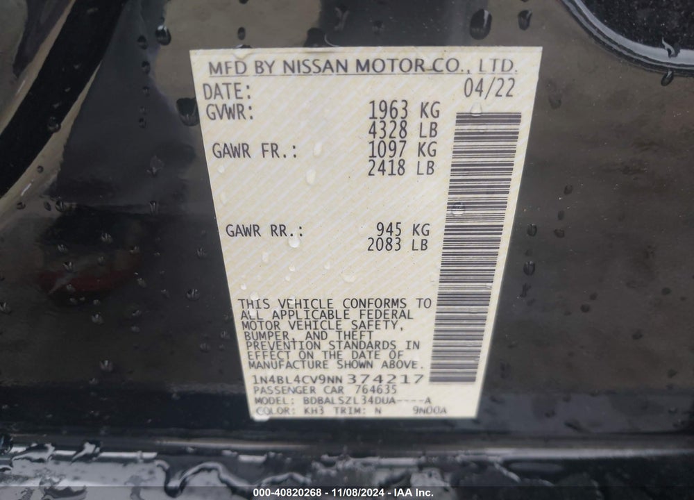 2022 NISSAN ALTIMA SR FWD VIN: 1N4BL4CV9NN374217