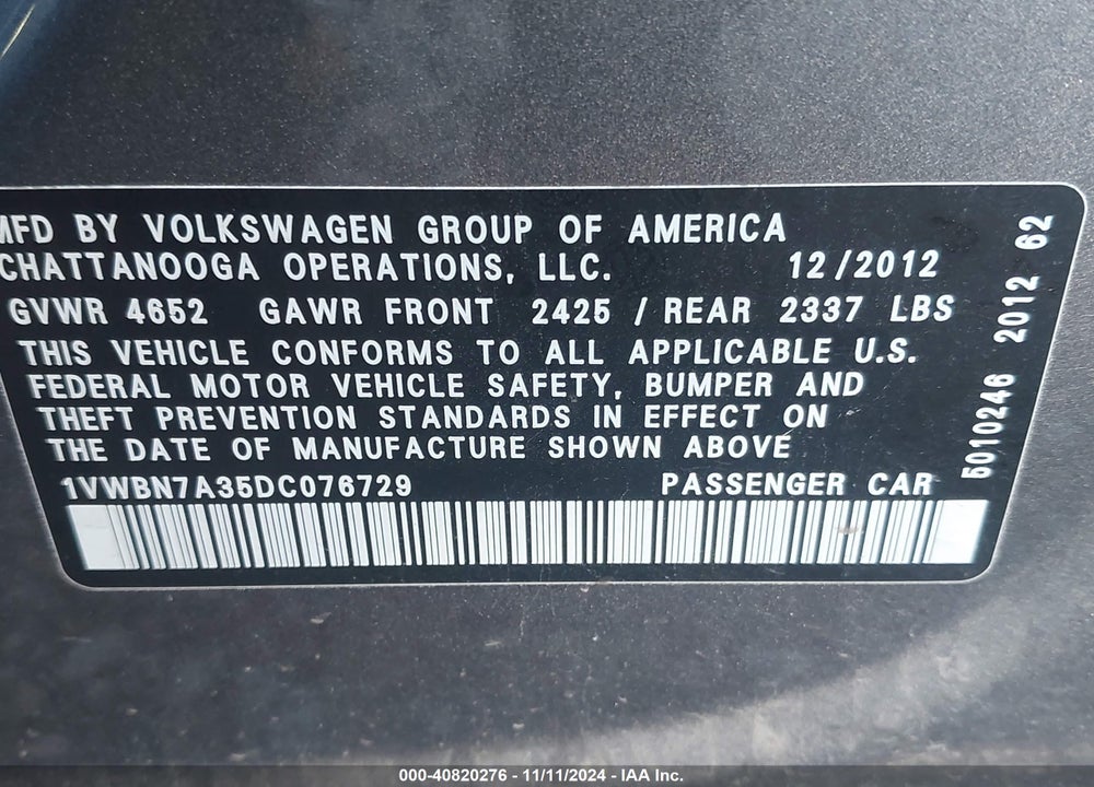2013 VOLKSWAGEN PASSAT 2.0L TDI SE VIN: 1VWBN7A35DC076729