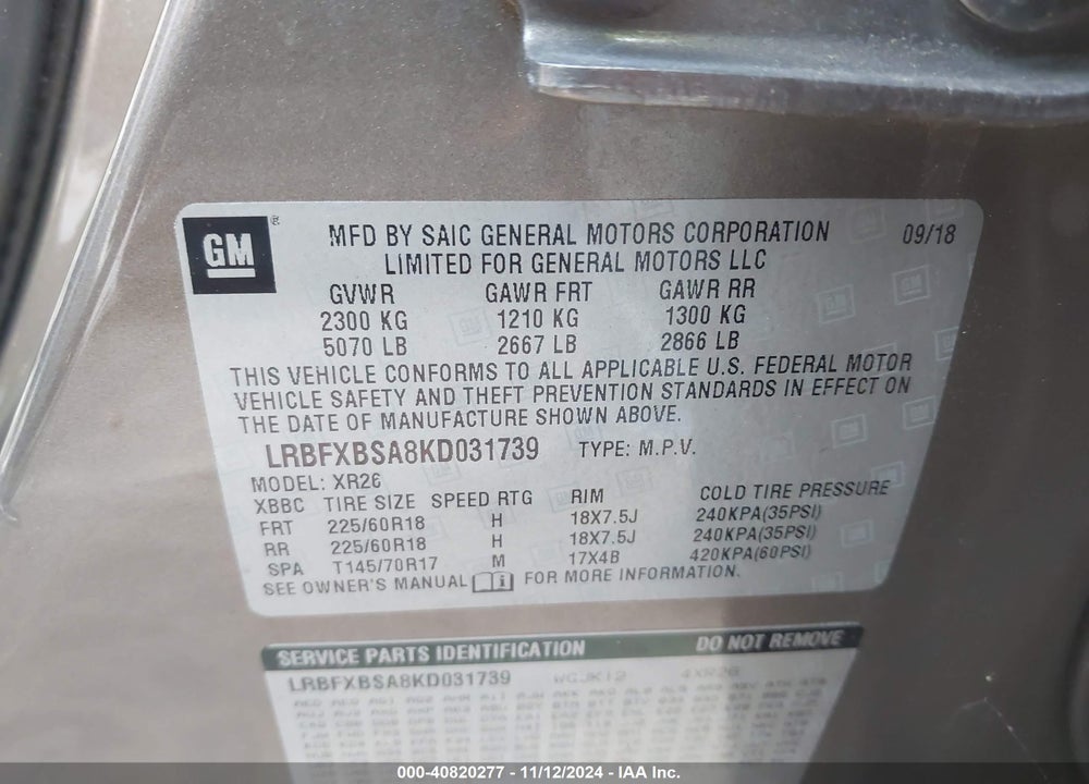 2019 BUICK ENVISION VIN: LRBFXBSA8KD031739
