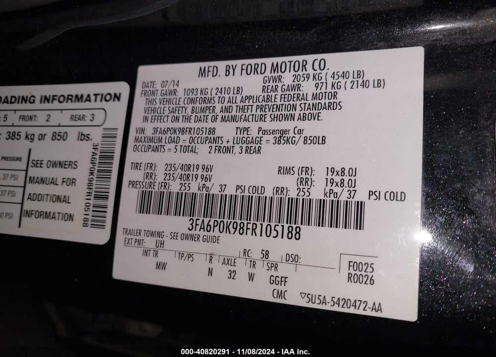 2015 FORD FUSION TITANIUM VIN: 3FA6P0K98FR105188