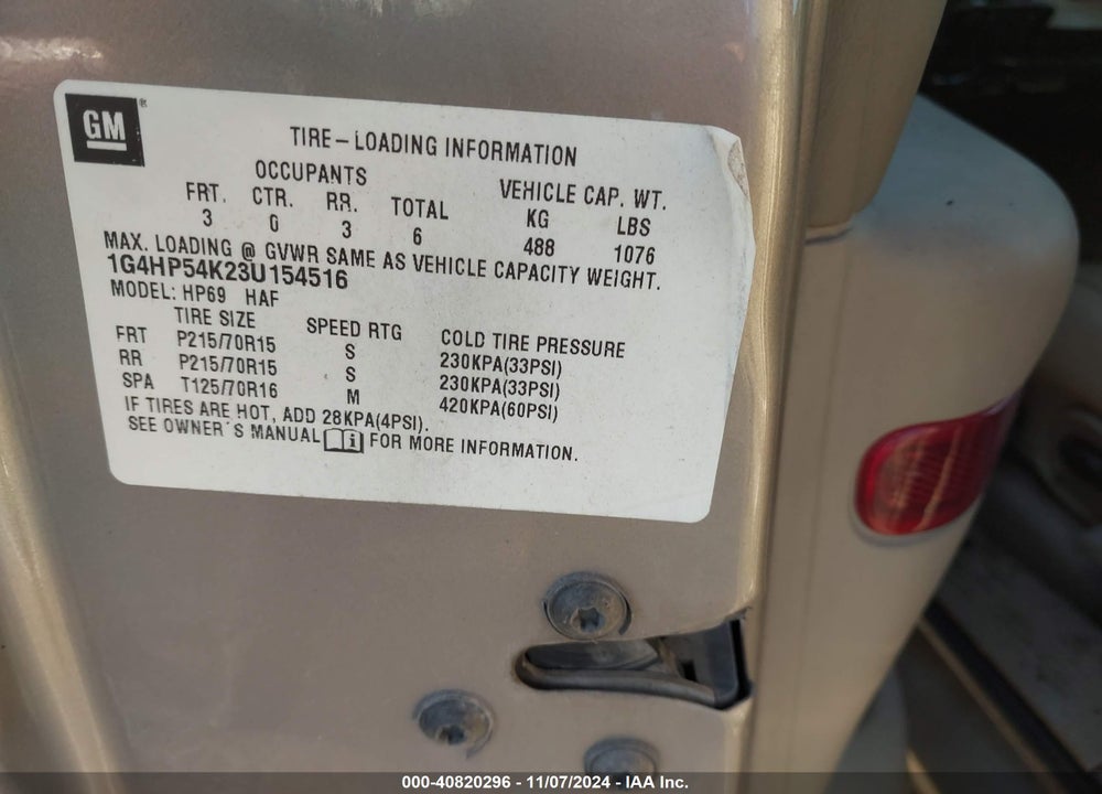 2003 BUICK LESABRE CUSTOM VIN: 1G4HP54K23U154516