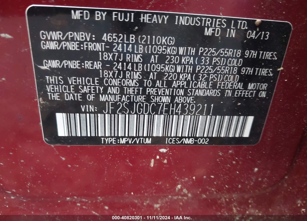 2014 SUBARU FORESTER VIN: JF2SJGDC7EH439211