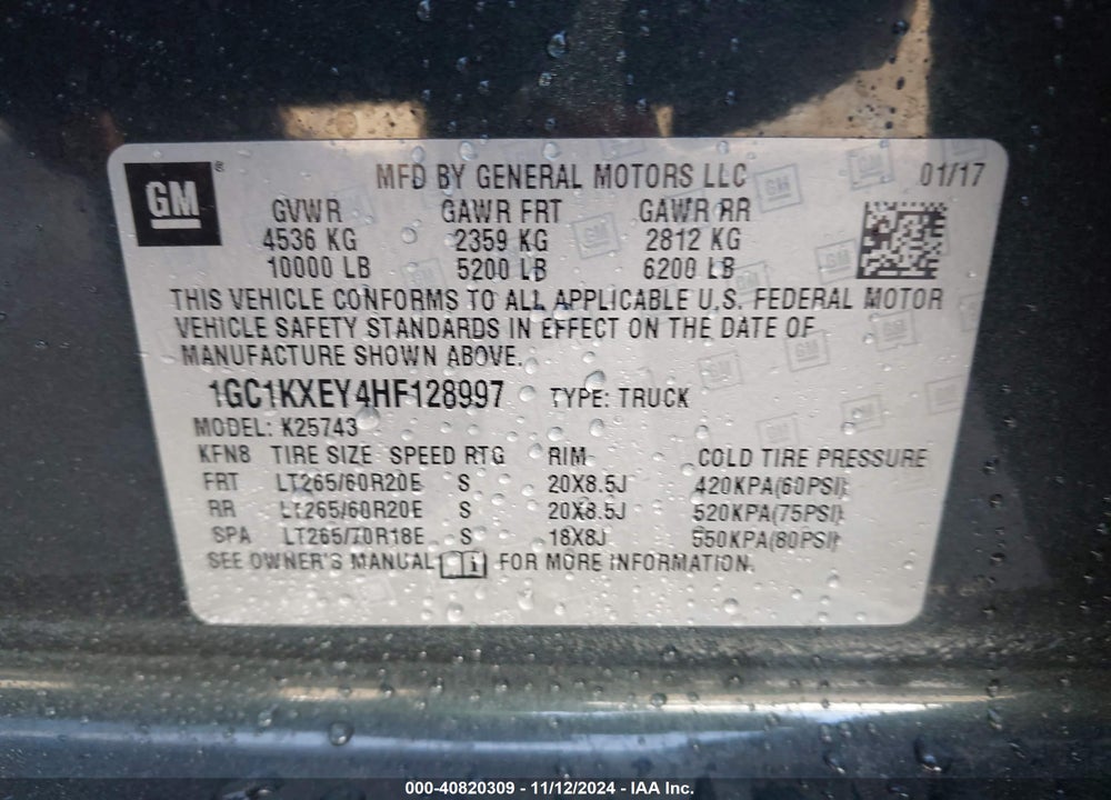 2017 CHEVROLET SILVERADO 2500HD HIGH COUNTRY VIN: 1GC1KXEY4HF128997