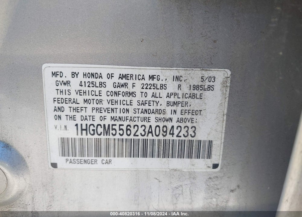 2003 HONDA ACCORD 2.4 EX VIN: 1HGCM55623A094233