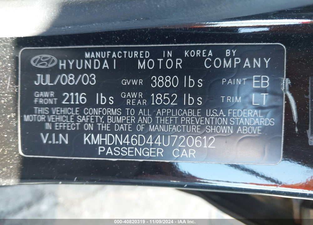 2004 HYUNDAI ELANTRA GLS/GT VIN: KMHDN46D44U720612