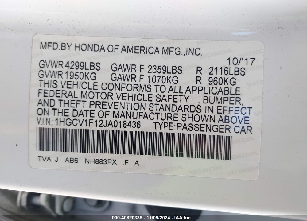 2018 HONDA ACCORD LX VIN: 1HGCV1F12JA018436