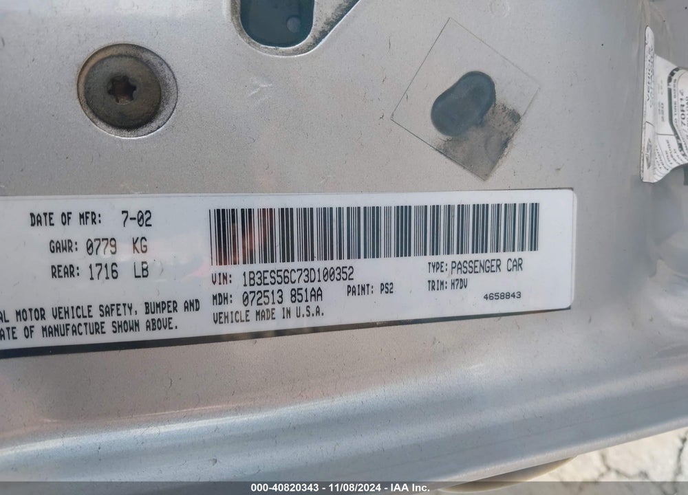2003 DODGE NEON SXT VIN: 1B3ES56C73D100352