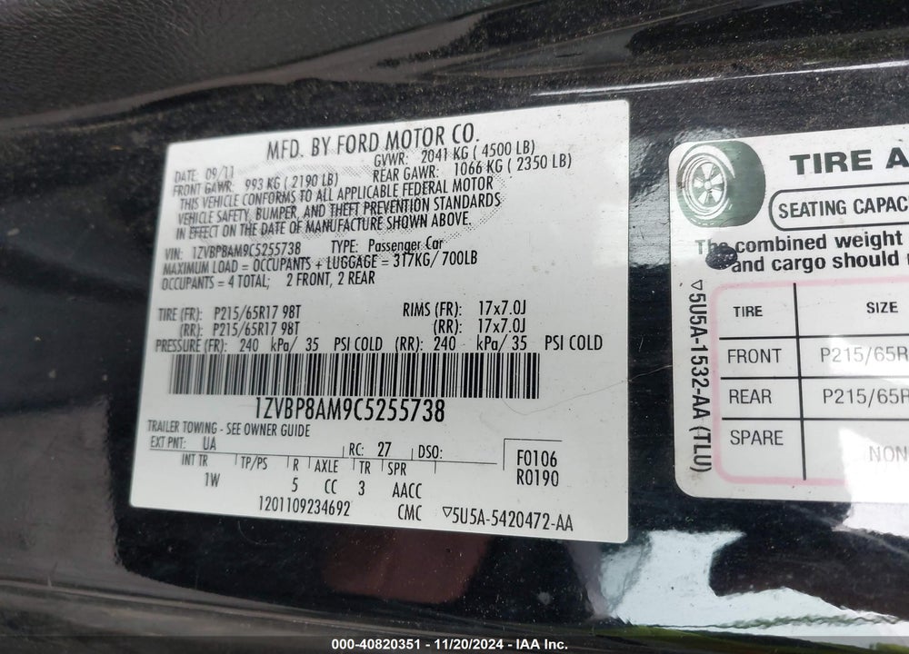 2012 FORD MUSTANG V6 VIN: 1ZVBP8AM9C5255738