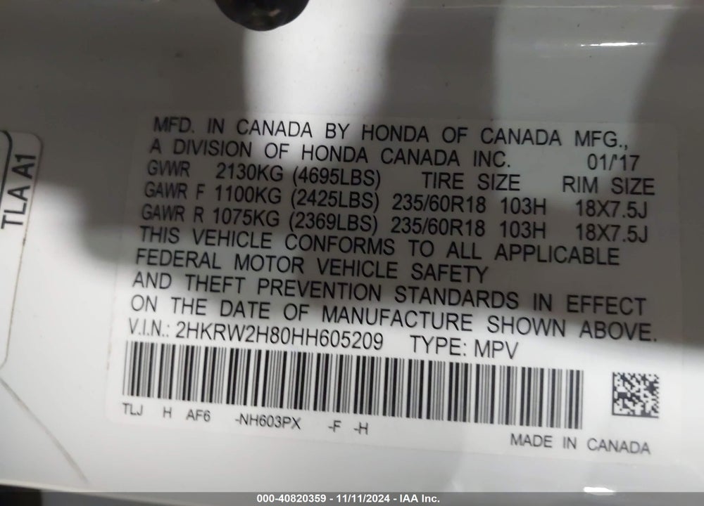 2017 HONDA CR-V EX-L/EX-L NAVI VIN: 2HKRW2H80HH605209