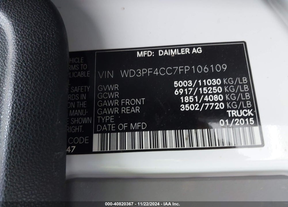 2015 MERCEDES-BENZ SPRINTER 3500 HIGH ROOF VIN: WD3PF4CC7FP106109