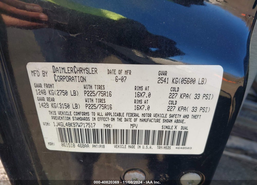 2007 JEEP LIBERTY SPORT VIN: 1J4GL48K97W717517